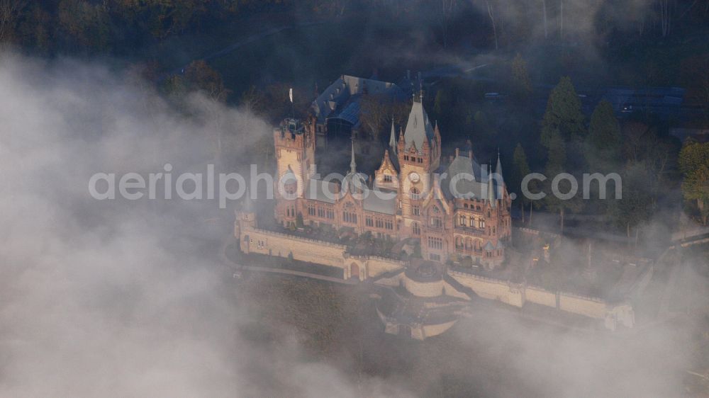 Königswinter from above - Castle complex on the plateau Schloss Drachenburg on street Drachenfelsstrasse in Koenigswinter in the state North Rhine-Westphalia, Germany