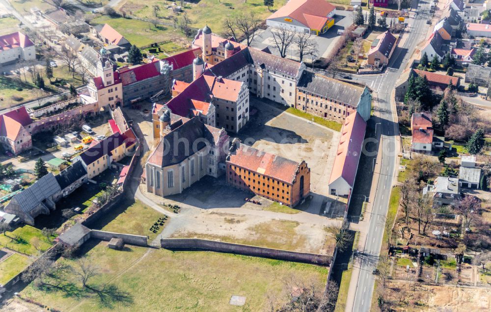 Prettin from the bird's eye view: Castle complex of the castle and the memorial on the street An der Lichtenburg in Prettin in the federal state of Saxony-Anhalt, Germany