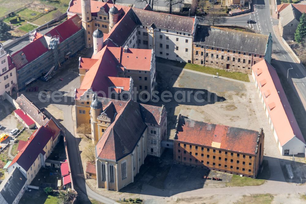 Aerial image Prettin - Castle complex of the castle and the memorial on the street An der Lichtenburg in Prettin in the federal state of Saxony-Anhalt, Germany