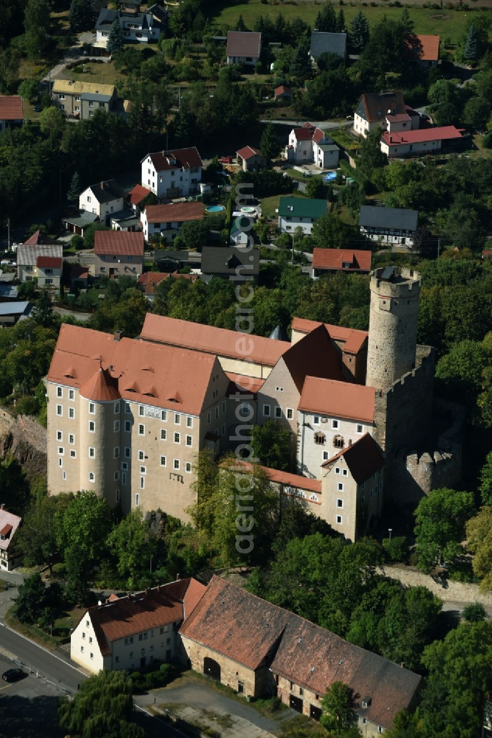 Gnandstein from the bird's eye view: Castle of Schloss in Gnandstein in the state Saxony