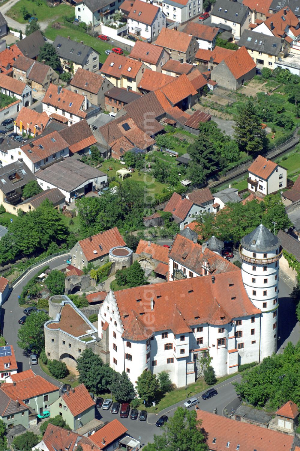 Rimpar from above - Castle of Grumbach on street Schlossberg in Rimpar in the state Bavaria, Germany