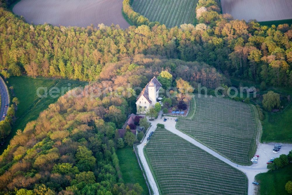 Aerial image Volkach - Castle of Hallburg Vinothek with wine yard in Volkach in the state Bavaria, Germany