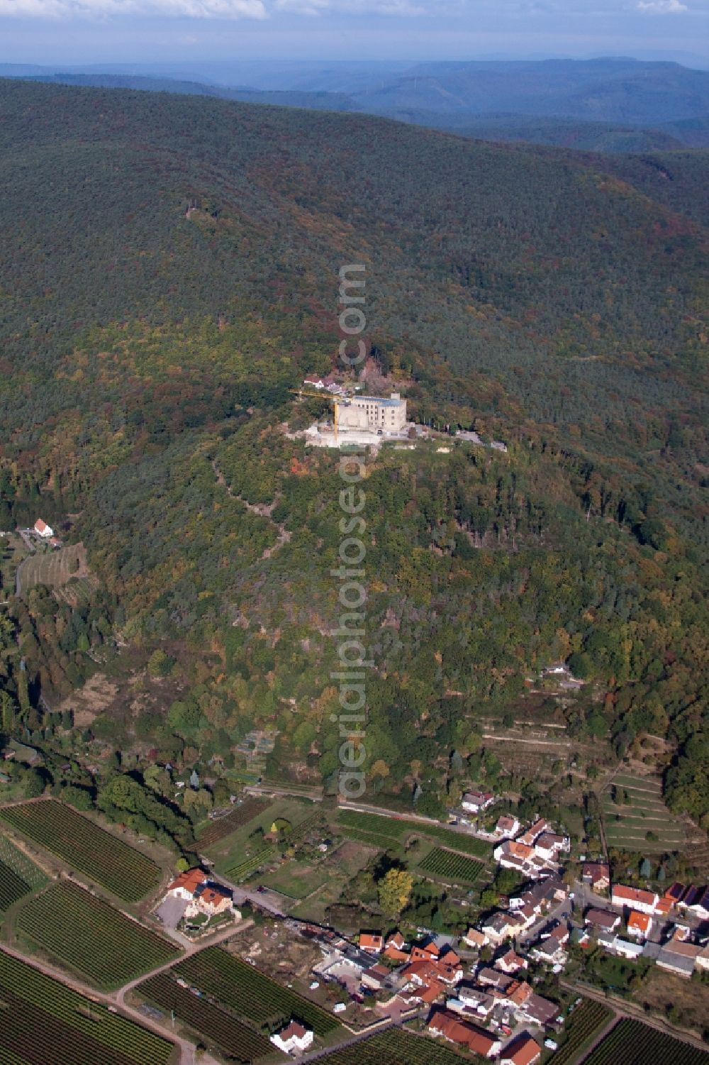 Neustadt an der Weinstraße from above - Castle of Schloss Hambacher Schloss in Neustadt an der Weinstrasse in the state Rhineland-Palatinate, Germany