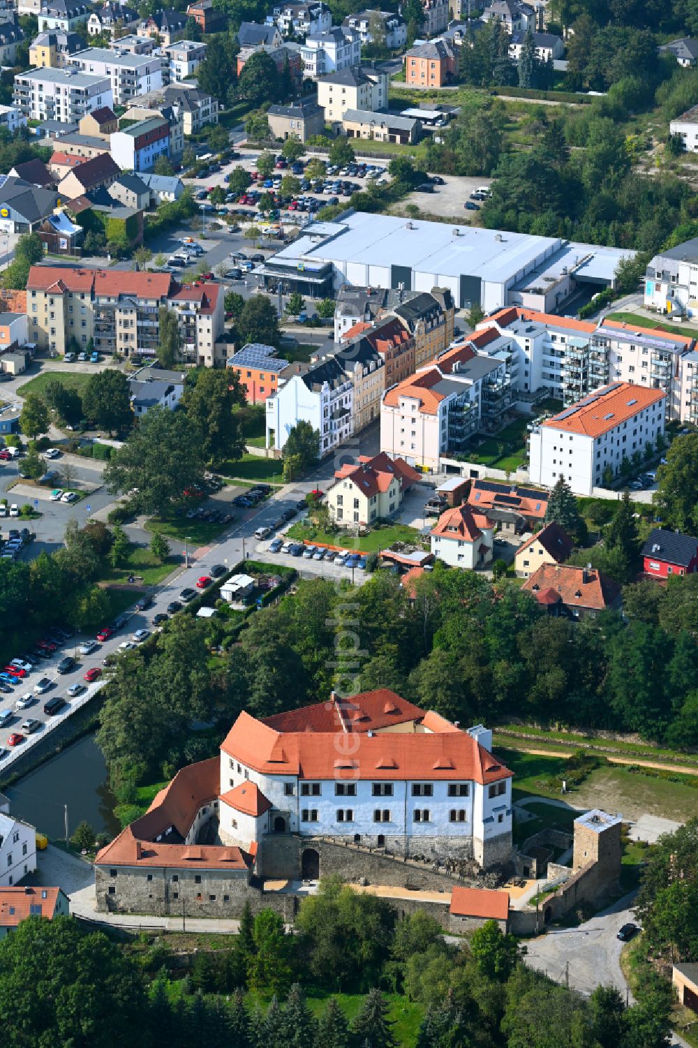 Radeberg from above - Castle of Klippenstein on street Schlossstrasse in the district Feldschloesschen in Radeberg in the state Saxony, Germany