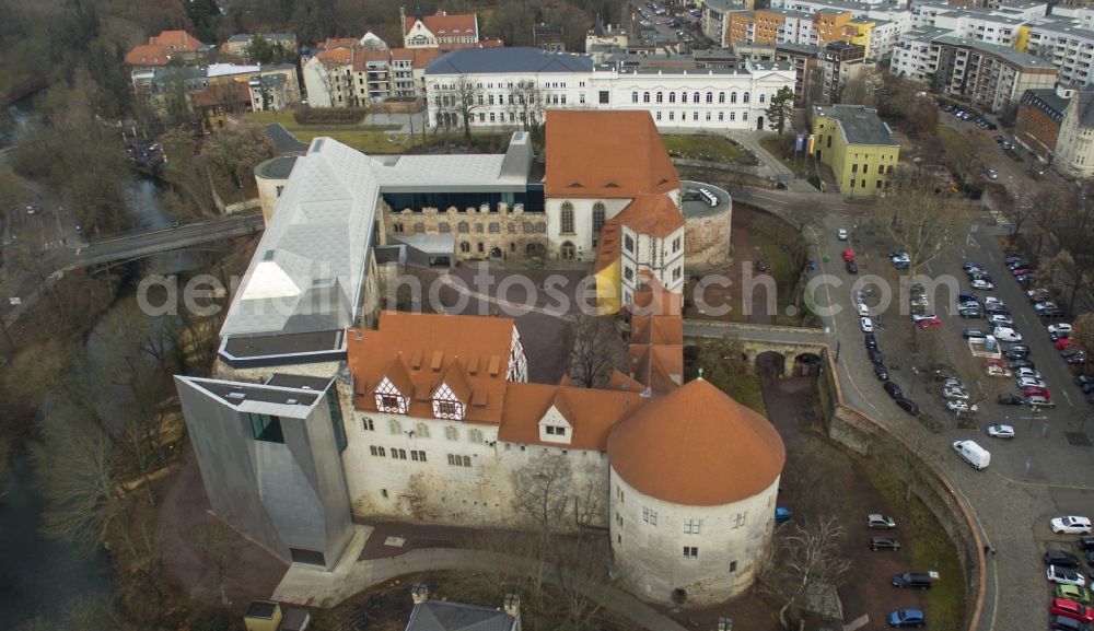 Aerial photograph Halle (Saale) - Castle of Schloss Kunstmuseum Moritzburg on Friedemann-Bach-Platz in the district Mitte in Halle (Saale) in the state Saxony-Anhalt