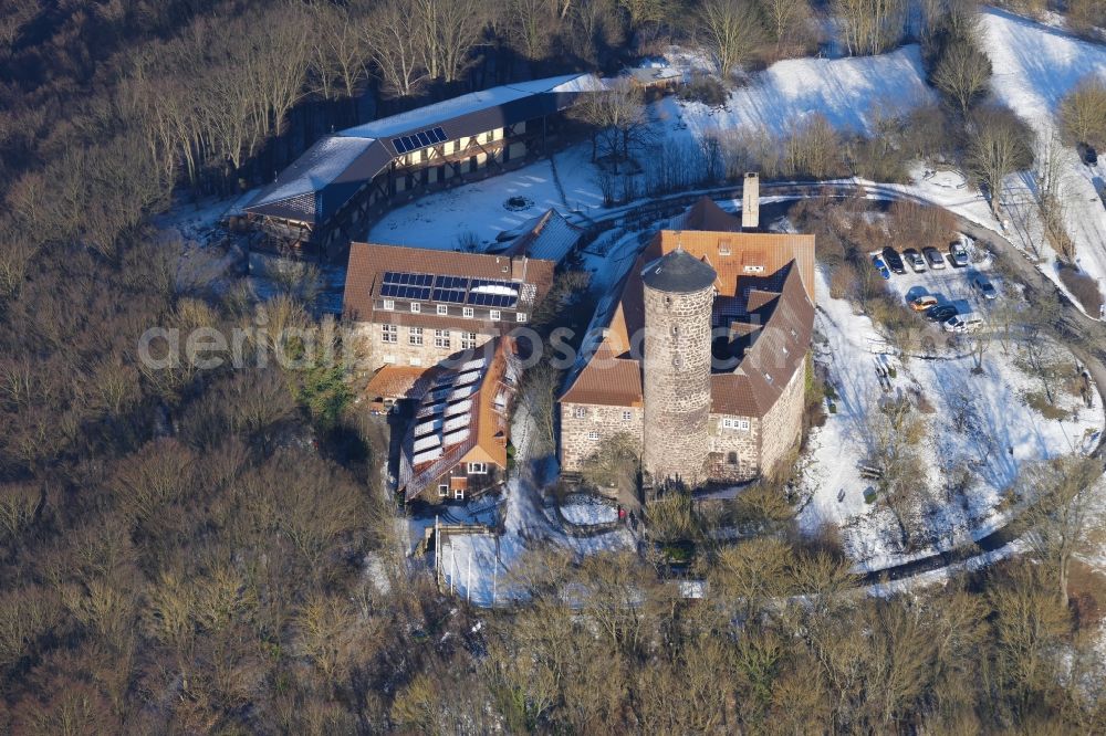 Witzenhausen from above - Castle of Schloss Ludwigstein in winter in Witzenhausen in the state Hesse