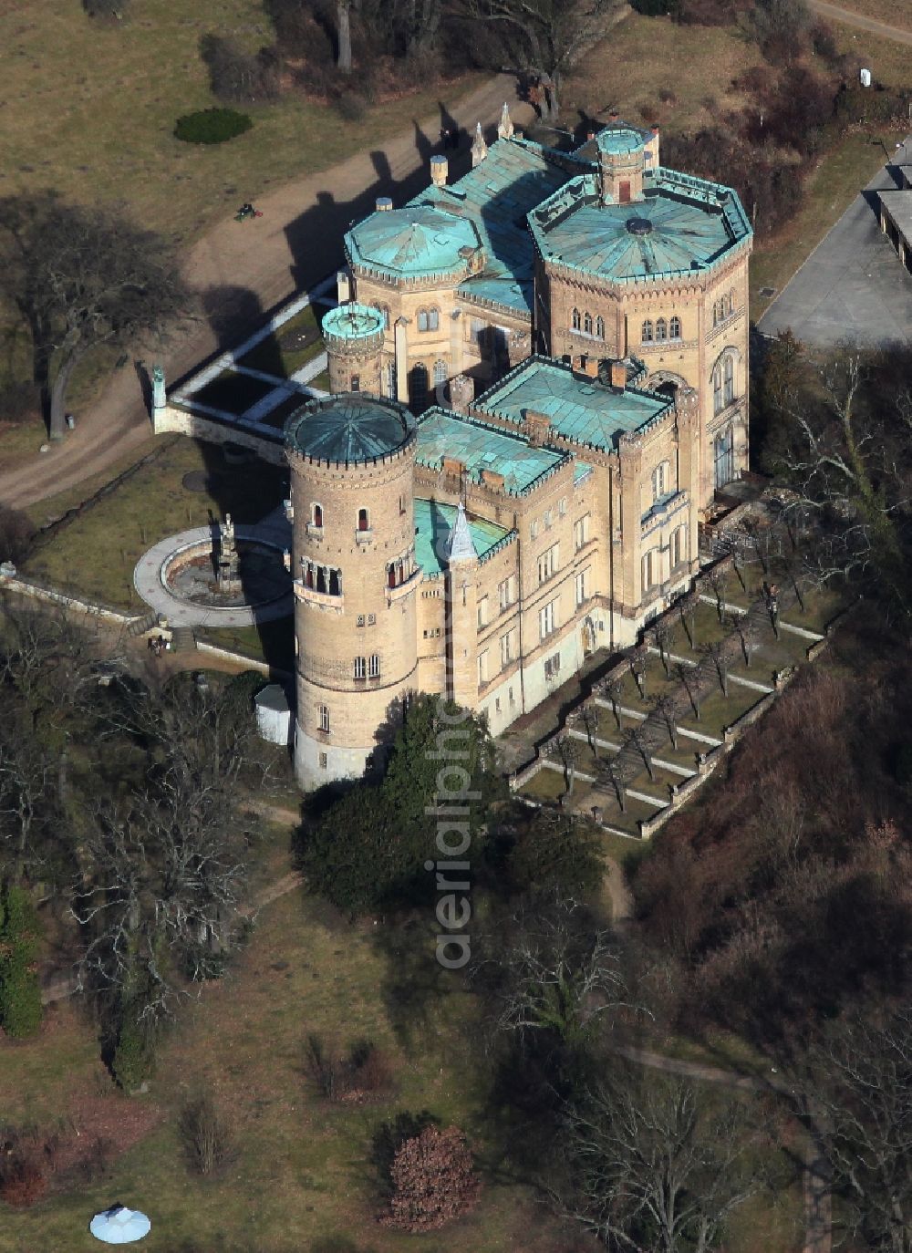 Potsdam from above - Castle of Schloss in the district Babelsberg in Potsdam in the state Brandenburg