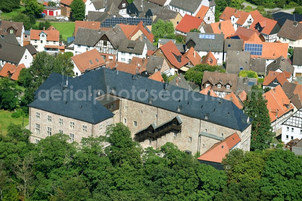 Diemelstadt from above - Castle of Schloss Rhoden in Diemelstadt in the state Hesse, Germany