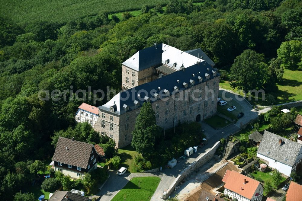 Diemelstadt from above - Castle of Schloss Rhoden in Diemelstadt in the state Hesse, Germany