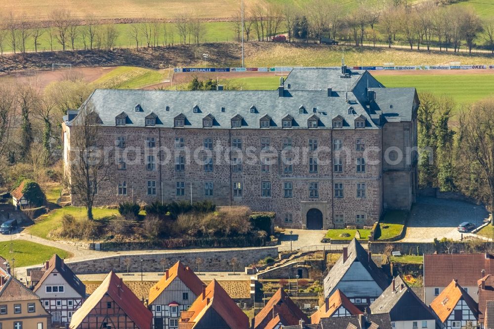 Aerial image Diemelstadt - Castle of Schloss Rhoden in Diemelstadt in the state Hesse, Germany