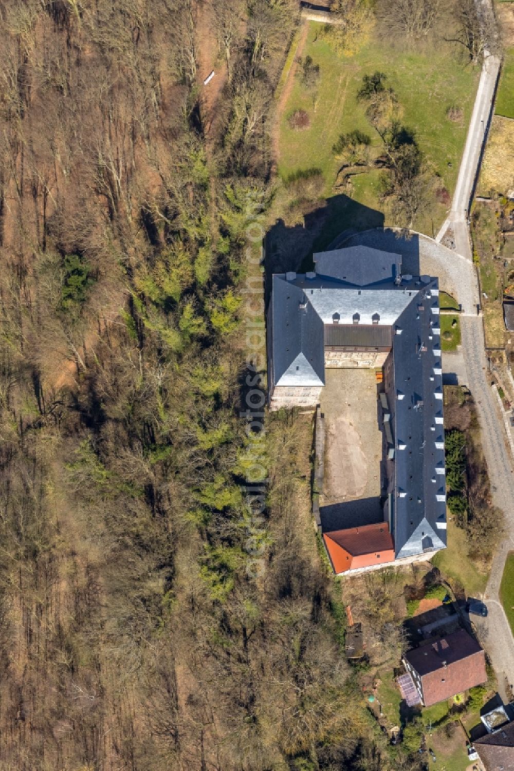 Diemelstadt from above - Castle of Rhoden in the district Rhoden in Diemelstadt in the state Hesse, Germany