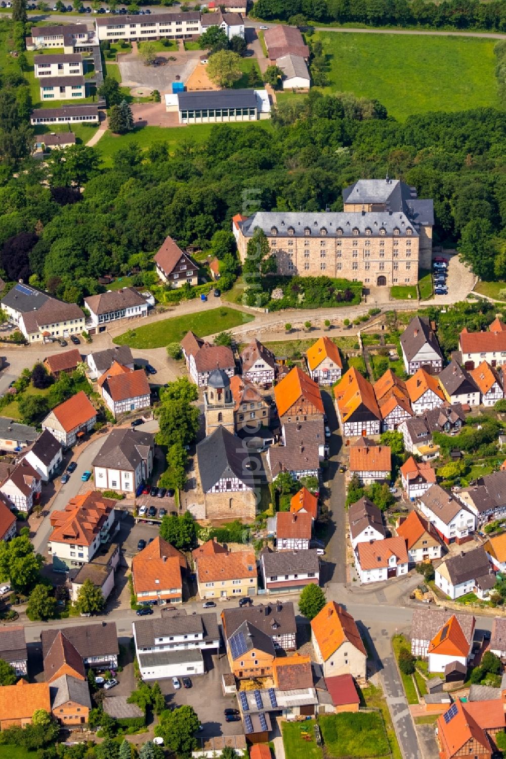 Rhoden from above - Castle of Rhoden in the district Rhoden in Diemelstadt in the state Hesse, Germany