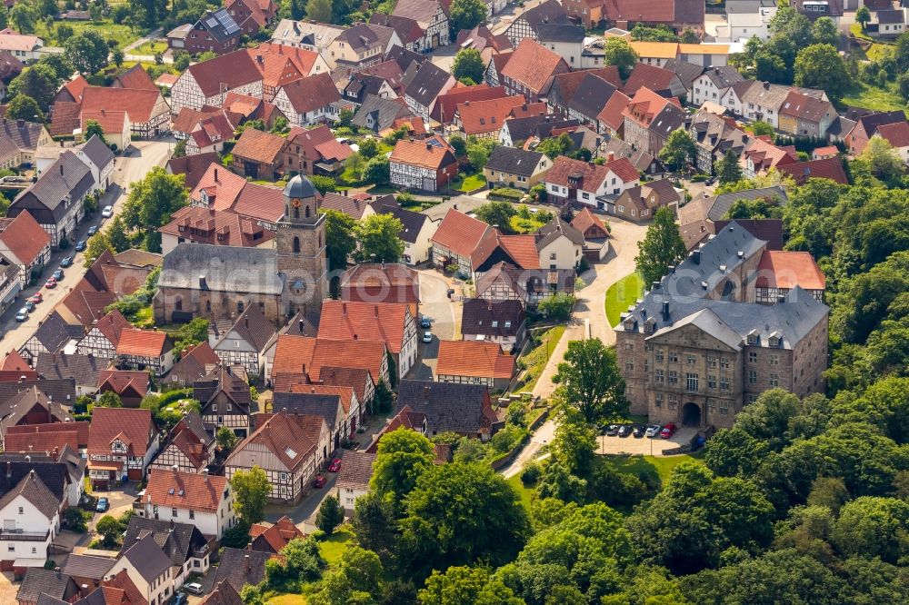 Rhoden from above - Castle of Rhoden in the district Rhoden in Diemelstadt in the state Hesse, Germany