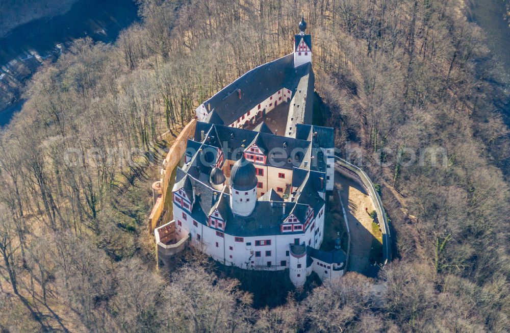 Lunzenau from above - Castle complex on the plateau Schloss Rochsburg on street Schlossstrasse in Lunzenau in the state Saxony, Germany