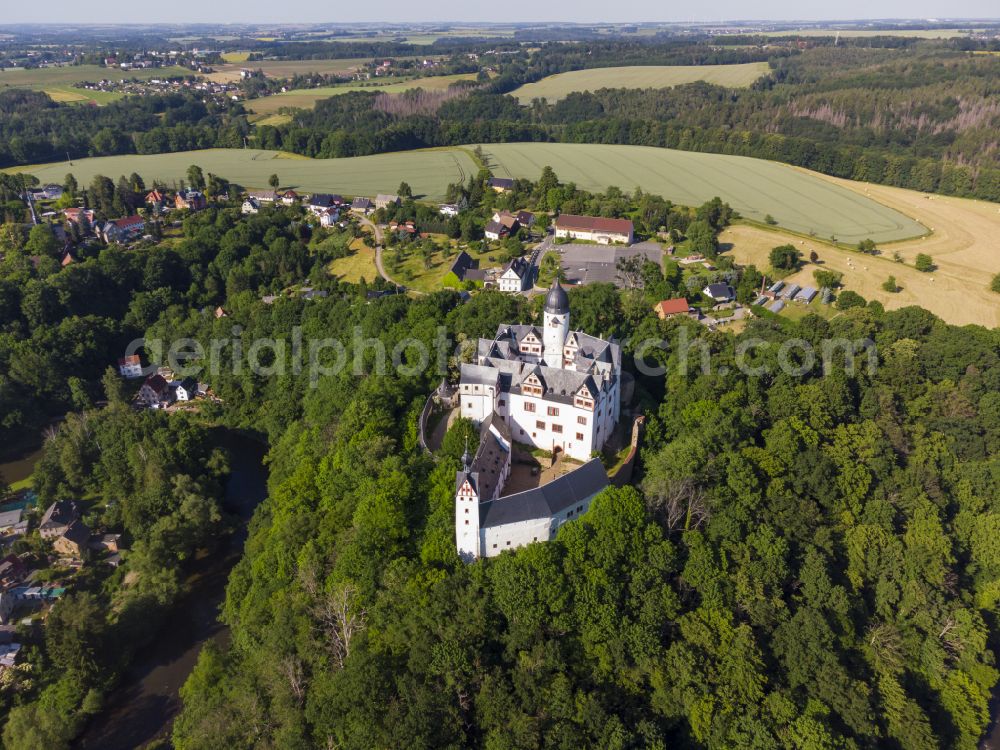 Lunzenau from above - Castle complex on the plateau Schloss Rochsburg on street Schlossstrasse in Lunzenau in the state Saxony, Germany