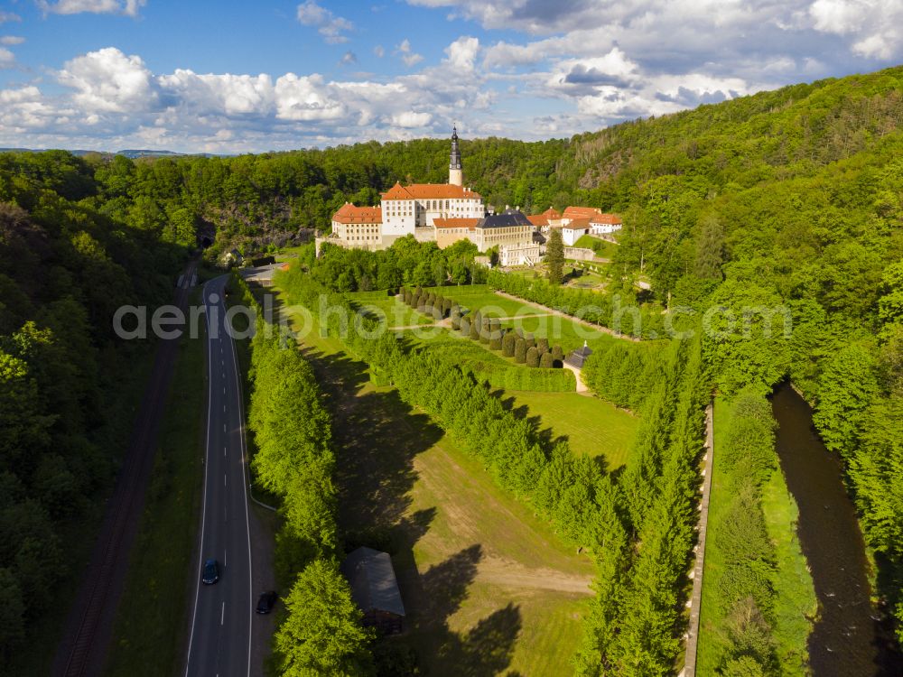 Weesenstein from above - Weesenstein Castle rises on a rocky outcrop above the valley of the Mueglitz about 3 km south of Dohna in the Weesenstein district of the Mueglitztal municipality, in the federal state of Saxony, Germany