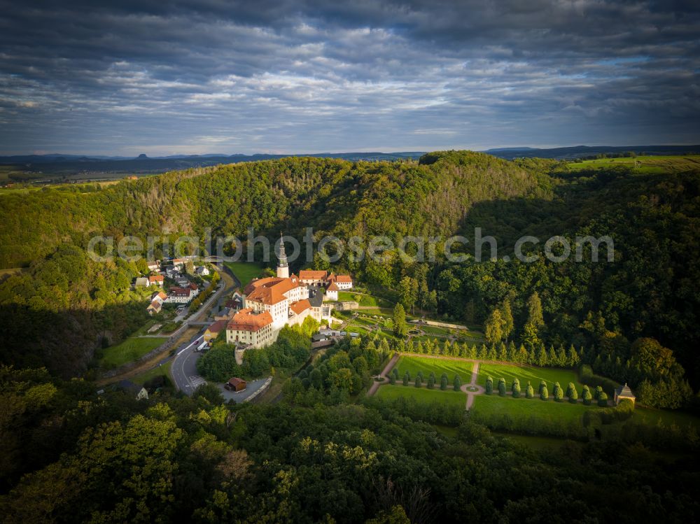 Weesenstein from above - Weesenstein Castle rises on a rocky outcrop above the valley of the Mueglitz about 3 km south of Dohna in the Weesenstein district of the Mueglitztal municipality, in the federal state of Saxony, Germany