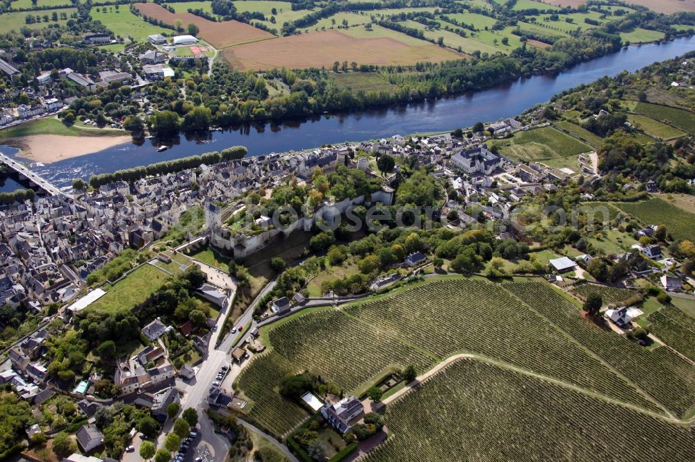 Chinon from the bird's eye view: Chinon Castle in Chinon in Centre-Val de Loire, France. The castle Chinon, Chateau de Chinon, is one of the castles of the Loire, although it is a fortress and lies above the Vienne