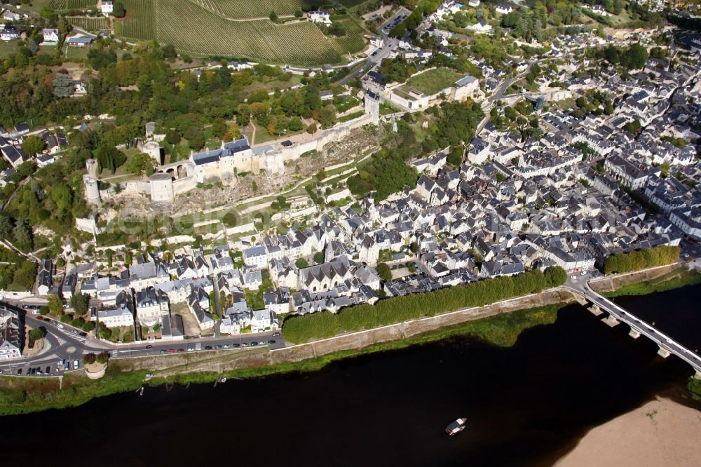Aerial image Chinon - Chinon Castle in Chinon in Centre-Val de Loire, France. The castle Chinon, Chateau de Chinon, is one of the castles of the Loire, although it is a fortress and lies above the Vienne