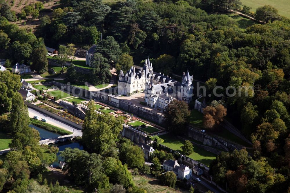 Aerial image Rigny Usse - Castle Chateau d' Usse in Rigny Usse in Centre-Val de Loire, France. The present castle dates back to a medieval castle, on the foundations of which a new plant was built and extended later. After further changes, Schloss Usse today presents itself as the epitome of a romantic fairytale castle. It is classified as a historic Monument