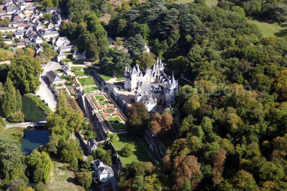 Rigny Usse from above - Castle Chateau d' Usse in Rigny Usse in Centre-Val de Loire, France. The present castle dates back to a medieval castle, on the foundations of which a new plant was built and extended later. After further changes, Schloss Usse today presents itself as the epitome of a romantic fairytale castle. It is classified as a historic Monument