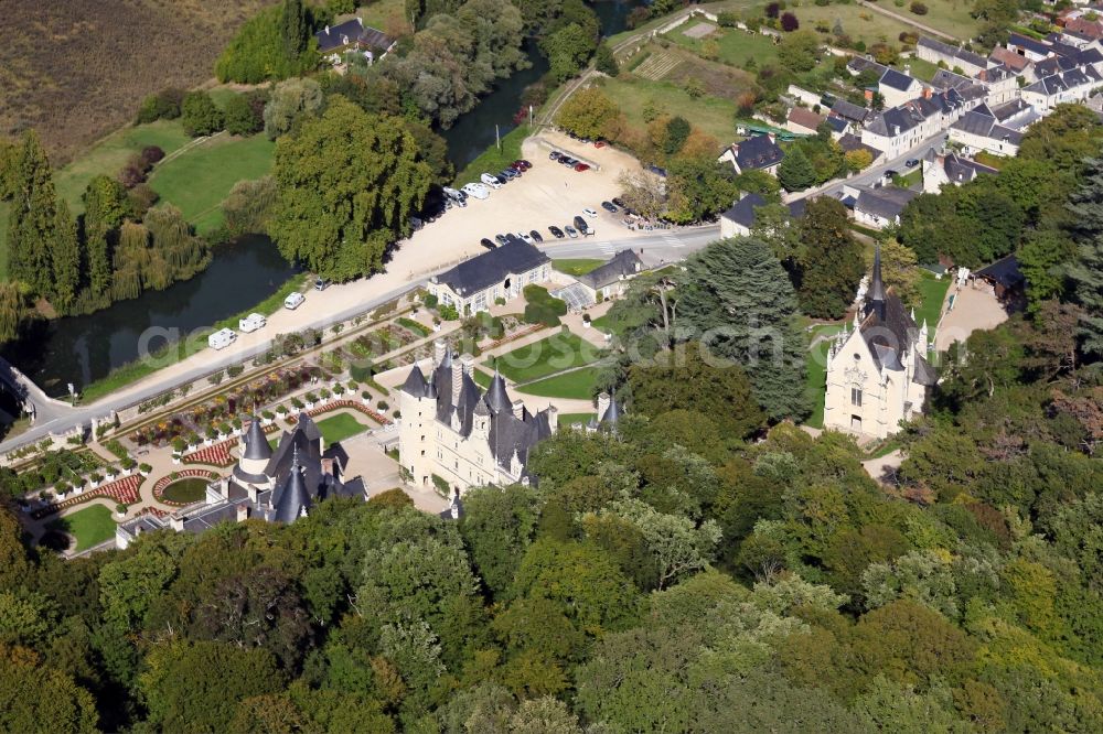 Rigny Usse from above - Castle Chateau d' Usse in Rigny Usse in Centre-Val de Loire, France. The present castle dates back to a medieval castle, on the foundations of which a new plant was built and extended later. After further changes, Schloss Usse today presents itself as the epitome of a romantic fairytale castle. It is classified as a historic Monument. The castle chapel (on the right) is consecrated to Saint Anna and was once a collegiate church