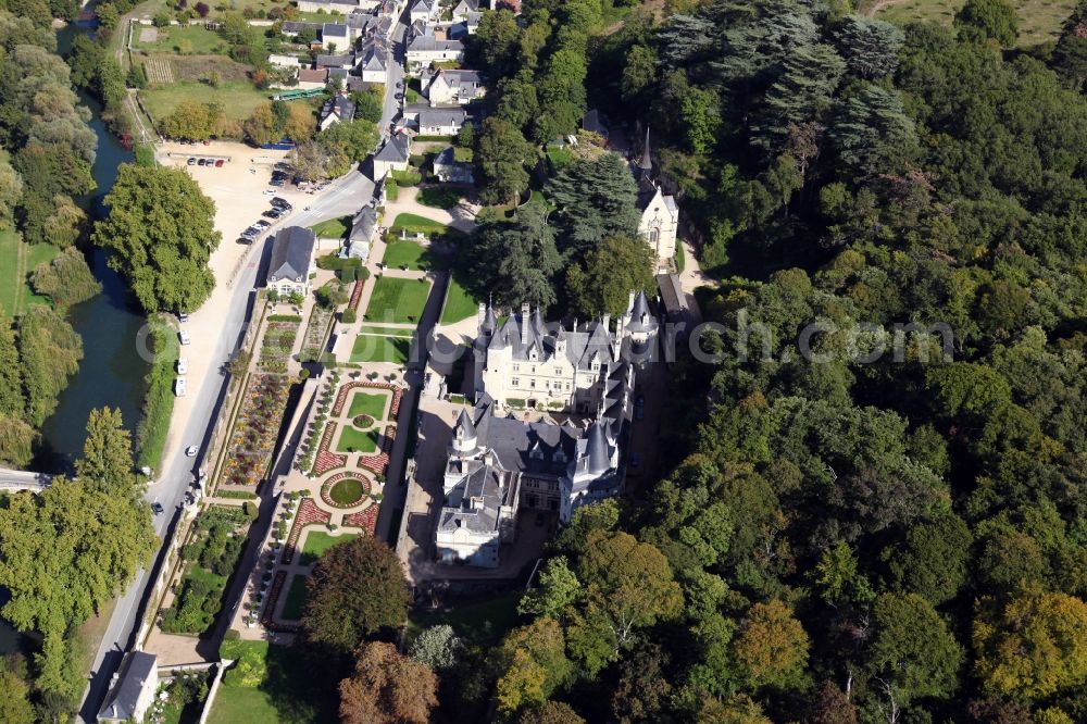 Rigny Usse from the bird's eye view: Castle Chateau d' Usse in Rigny Usse in Centre-Val de Loire, France. The present castle dates back to a medieval castle, on the foundations of which a new plant was built and extended later. After further changes, Schloss Usse today presents itself as the epitome of a romantic fairytale castle. It is classified as a historic Monument. The castle chapel (on the right) is consecrated to Saint Anna and was once a collegiate church