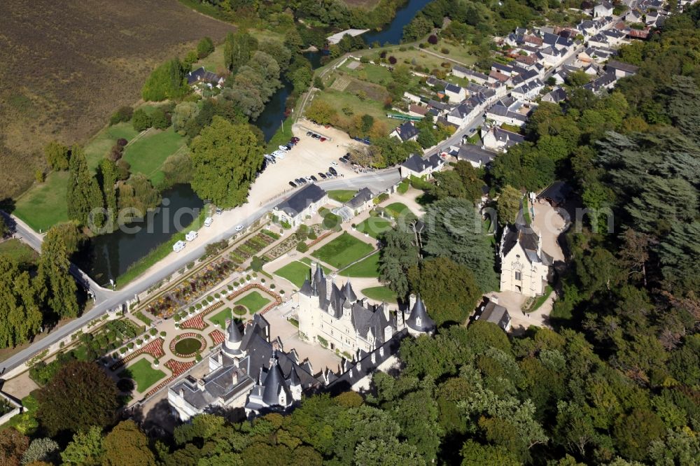 Aerial photograph Rigny Usse - Castle Chateau d' Usse in Rigny Usse in Centre-Val de Loire, France. The present castle dates back to a medieval castle, on the foundations of which a new plant was built and extended later. After further changes, Schloss Usse today presents itself as the epitome of a romantic fairytale castle. It is classified as a historic Monument. The castle chapel (on the right) is consecrated to Saint Anna and was once a collegiate church