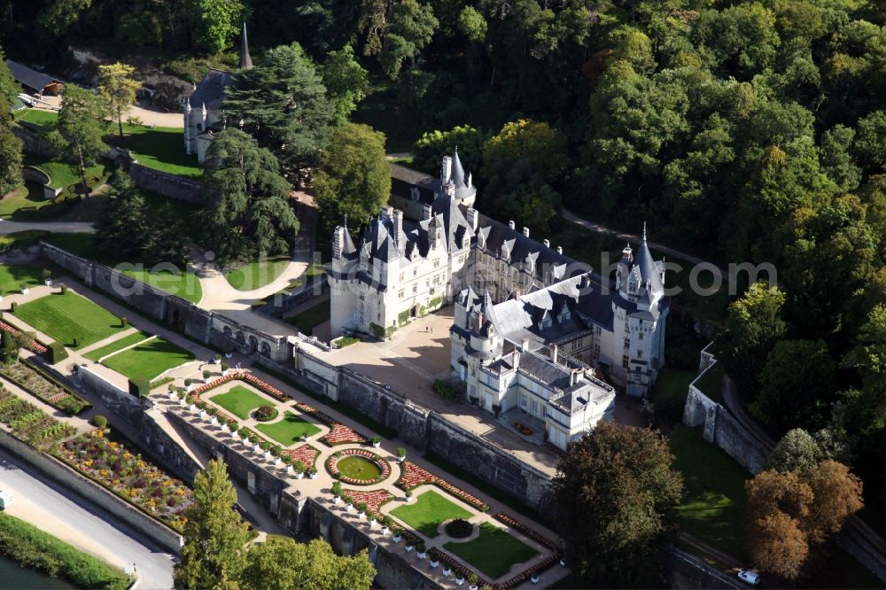 Aerial photograph Rigny Usse - Castle Chateau d' Usse in Rigny Usse in Centre-Val de Loire, France. The present castle dates back to a medieval castle, on the foundations of which a new plant was built and extended later. After further changes, Schloss Usse today presents itself as the epitome of a romantic fairytale castle. It is classified as a historic Monument