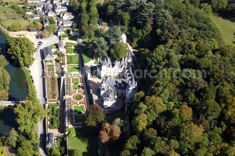 Aerial image Rigny Usse - Castle Chateau d' Usse in Rigny Usse in Centre-Val de Loire, France. The present castle dates back to a medieval castle, on the foundations of which a new plant was built and extended later. After further changes, Schloss Usse today presents itself as the epitome of a romantic fairytale castle. It is classified as a historic Monument