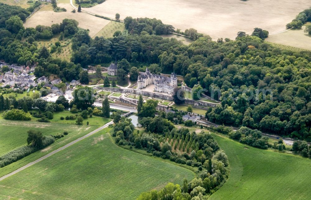 Rigny Usse from above - Castle Chateau d' Usse in Rigny Usse in Centre-Val de Loire, France. The present castle dates back to a medieval castle, on the foundations of which a new plant was built and extended later. After further changes, Schloss Usse today presents itself as the epitome of a romantic fairytale castle. It is classified as a historic Monument