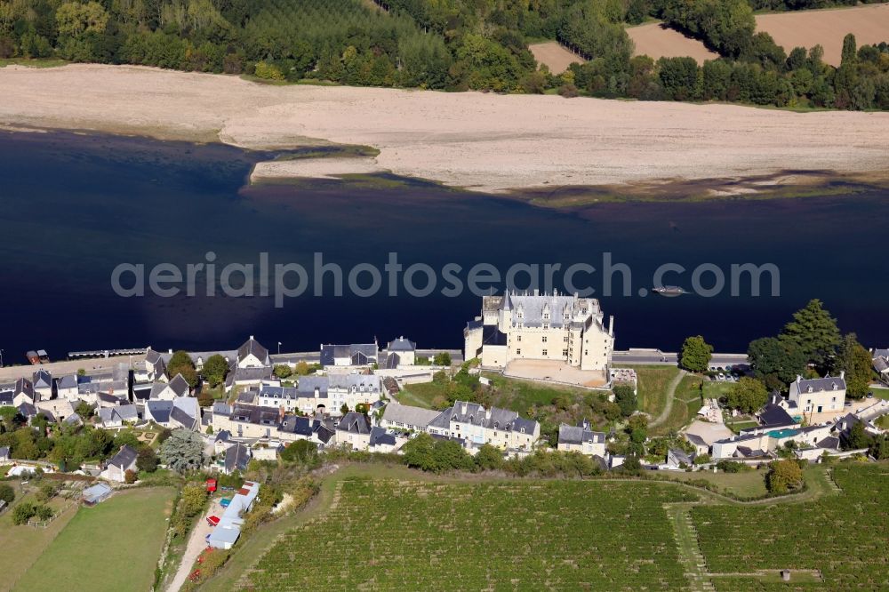 Montsoreau from above - Castle Montsoreau in Montsoreau in Pays de la Loire, France. The castle of Montsoreau is located right on the banks of the Loire. The Loire, which was originally built on the castle walls, ran through artificial trenches around the castle courtyard