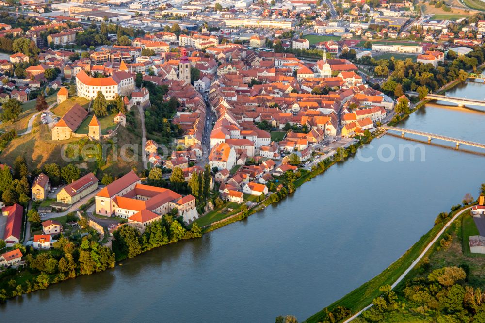 Aerial photograph Ptuj - Castle of the fortress above the hisorical old town and over the river Drau/DRAVA in Ptuj in Slovenia