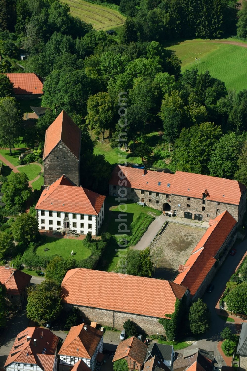 Hardegsen from above - Castle of the fortress Burg Hardeg in Hardegsen in the state Lower Saxony, Germany