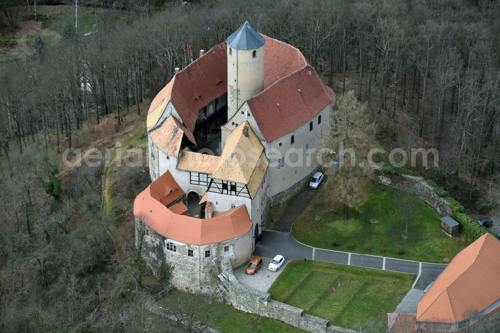 Aerial image Schönfels - Castle of the fortress Burg Schoenfels on Burgstrasse in Schoenfels in the state Saxony