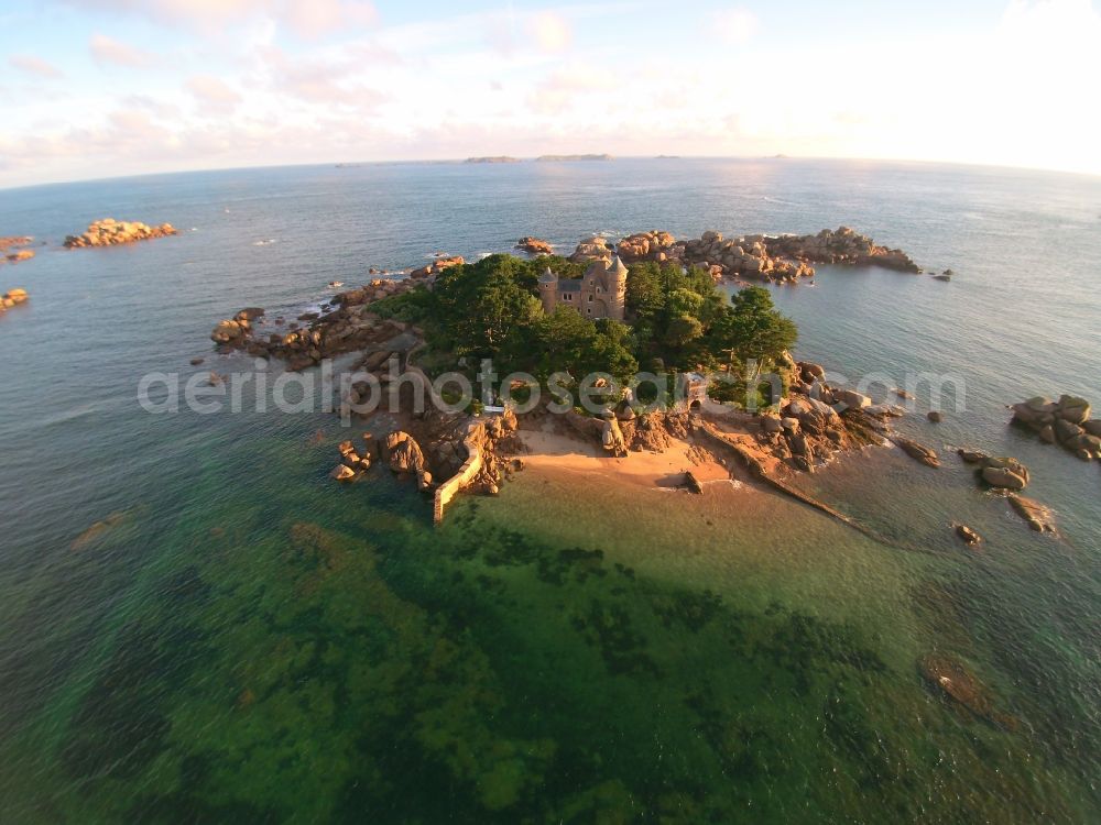 Aerial photograph Perros-Guirec - Castle of the fortress Chateau de CostaerA?s Coast of Atlantic ocean in Perros-Guirec in Bretagne, France