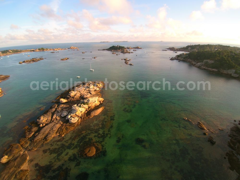 Perros-Guirec from the bird's eye view: Castle of the fortress Chateau de CostaerA?s Coast of Atlantic ocean in Perros-Guirec in Bretagne, France