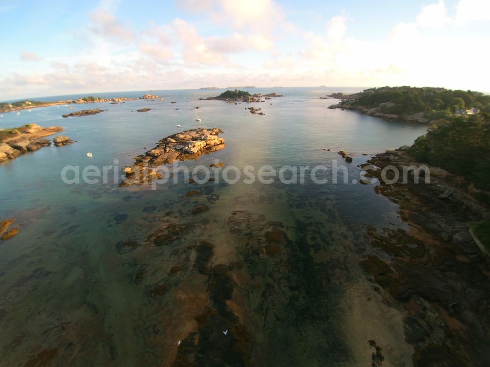 Aerial image Perros-Guirec - Castle of the fortress Chateau de CostaerA?s Coast of Atlantic ocean in Perros-Guirec in Bretagne, France