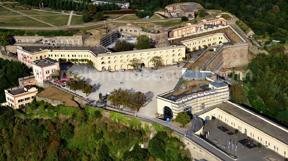 Aerial image Koblenz - Castle of the fortress Festung Ehrenbreitstein in Koblenz in the state Rhineland-Palatinate, Germany