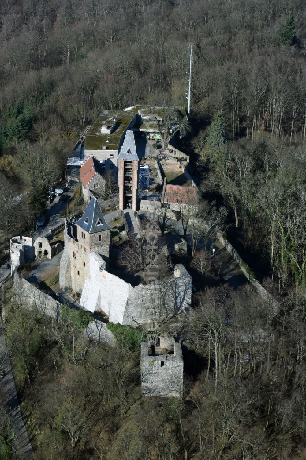 Nieder-Beerbach from above - Castle of the fortress Frankenstein in Nieder-Beerbach in the state Hesse