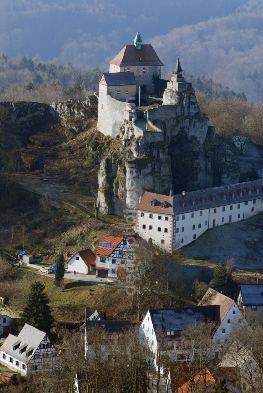 Aerial image Kirchensittenbach - Castle of the fortress Hohenstein in Kirchensittenbach in the state Bavaria, Germany