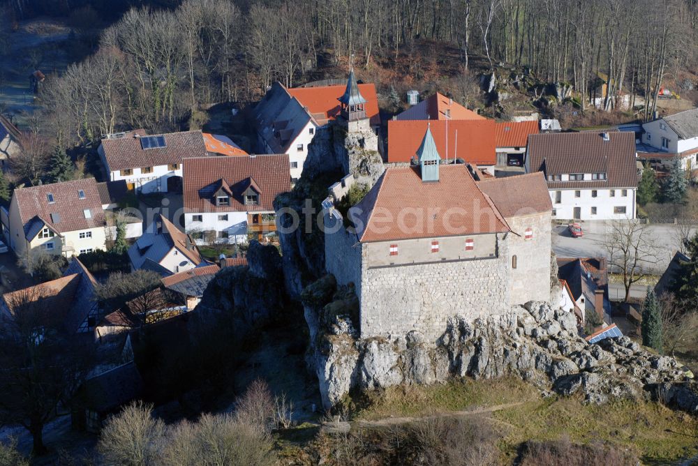 Aerial image Kirchensittenbach - Castle of the fortress Hohenstein in Kirchensittenbach in the state Bavaria, Germany