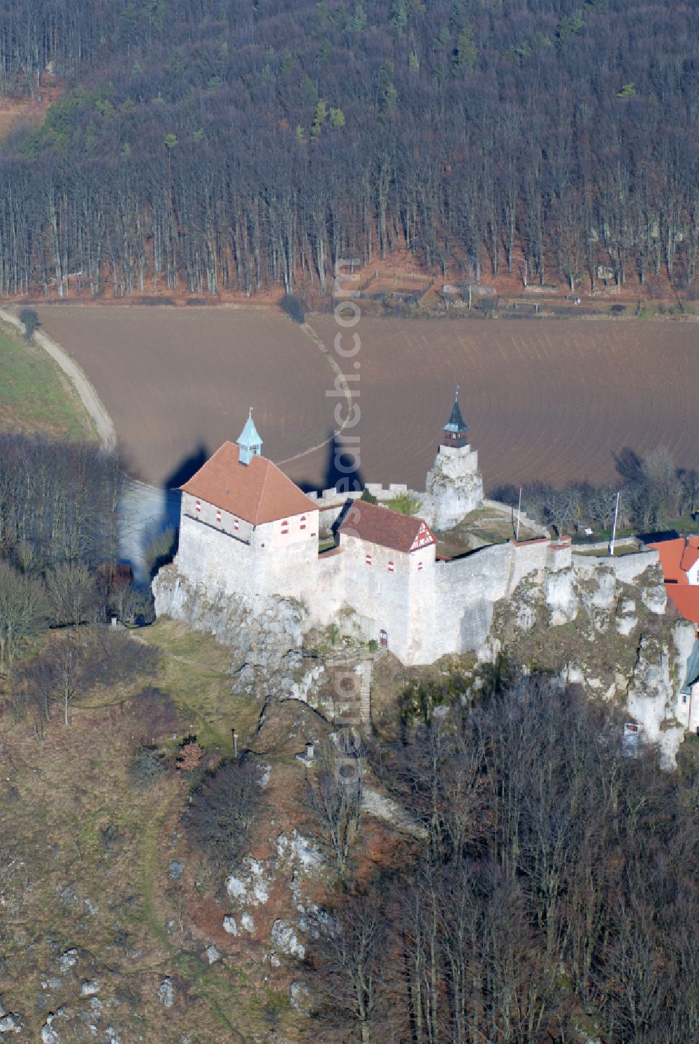 Kirchensittenbach from above - Castle of the fortress Hohenstein in Kirchensittenbach in the state Bavaria, Germany