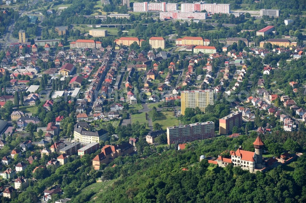 Aerial image Most - Castle of the fortress Hrad HnevA?n ( Burg Landeswarte ) in Most in Czech Republic