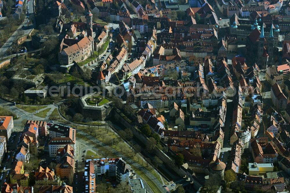 Nürnberg from above - Castle of the fortress Kaiserburg in the district Altstadt in Nuremberg in the state Bavaria, Germany