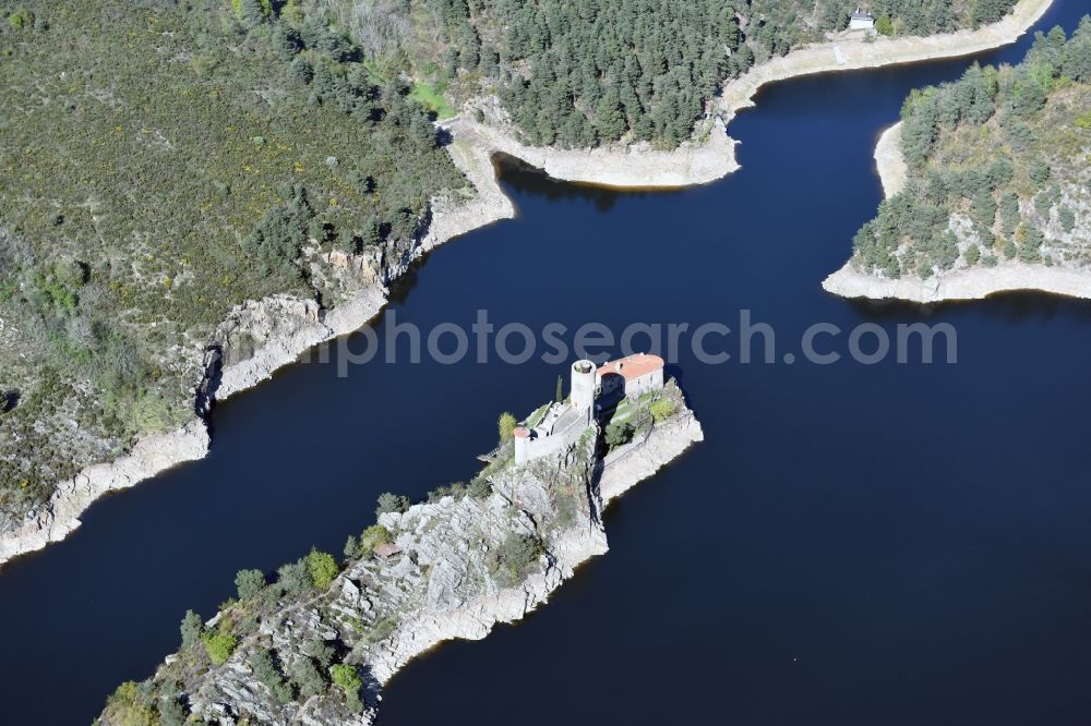 Ile de Garent from the bird's eye view: Castle of the fortress on the Loire Island in Ile de Garent in Auvergne Rhone-Alpes, France