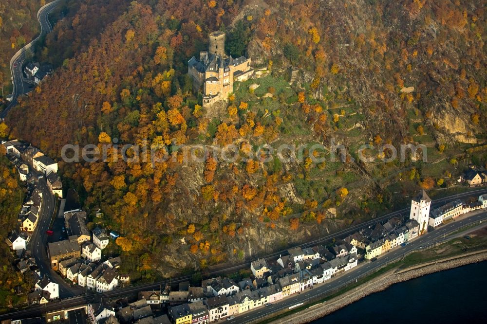 Sankt Goarshausen from the bird's eye view: Castle of the fortress Maus in Sankt Goarshausen in the state Rhineland-Palatinate