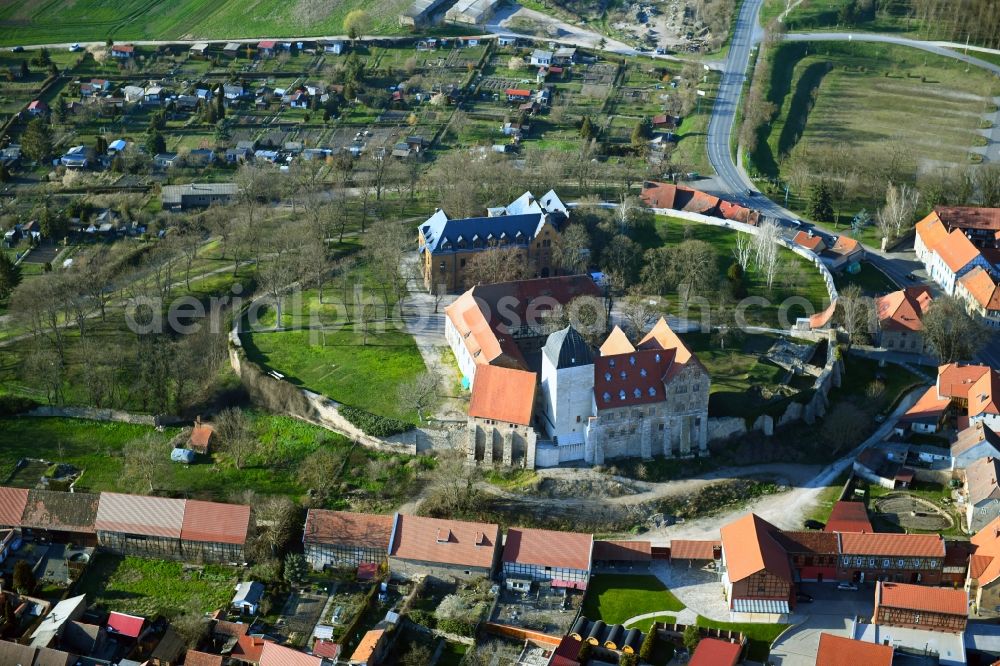 Weißensee from above - Castle complex of Veste Runneburg with castle wall ring in Weissensee in the state Thuringia, Germany