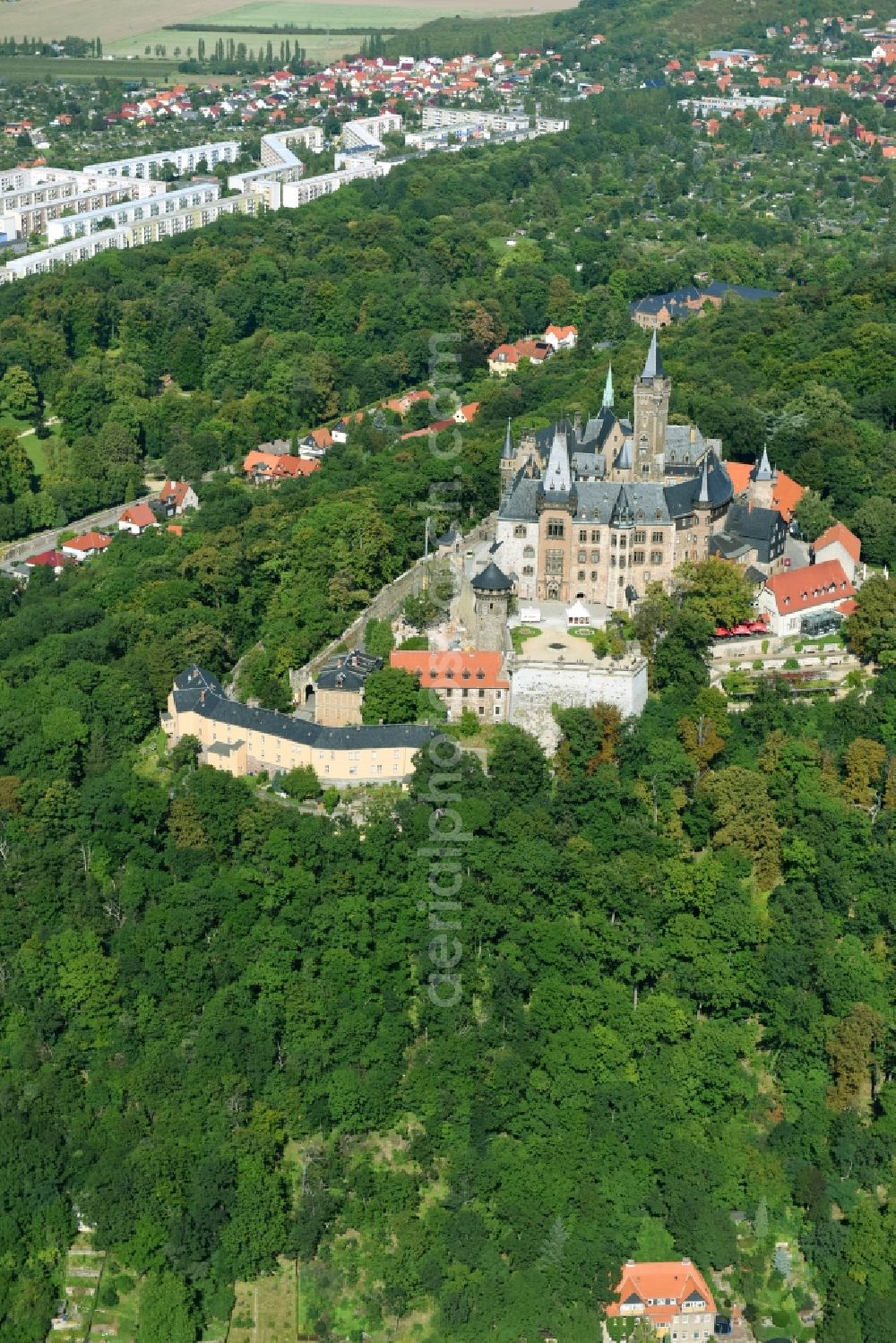 Wernigerode from above - Castle of the fortress Schloss Wernigerode in Wernigerode in the state Saxony-Anhalt, Germany