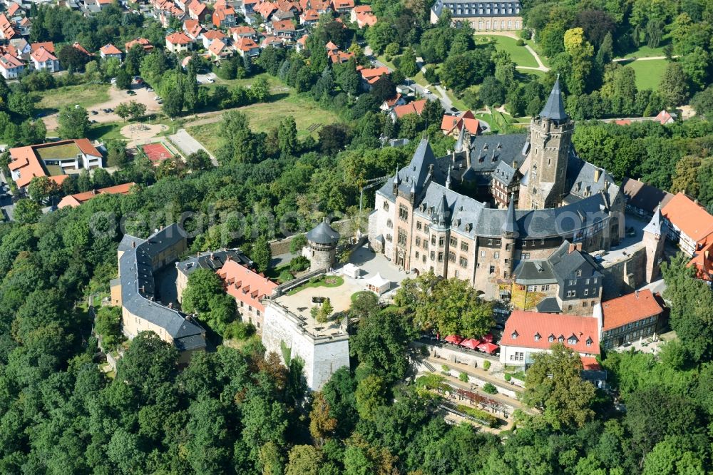 Aerial image Wernigerode - Castle of the fortress Schloss Wernigerode in Wernigerode in the state Saxony-Anhalt, Germany